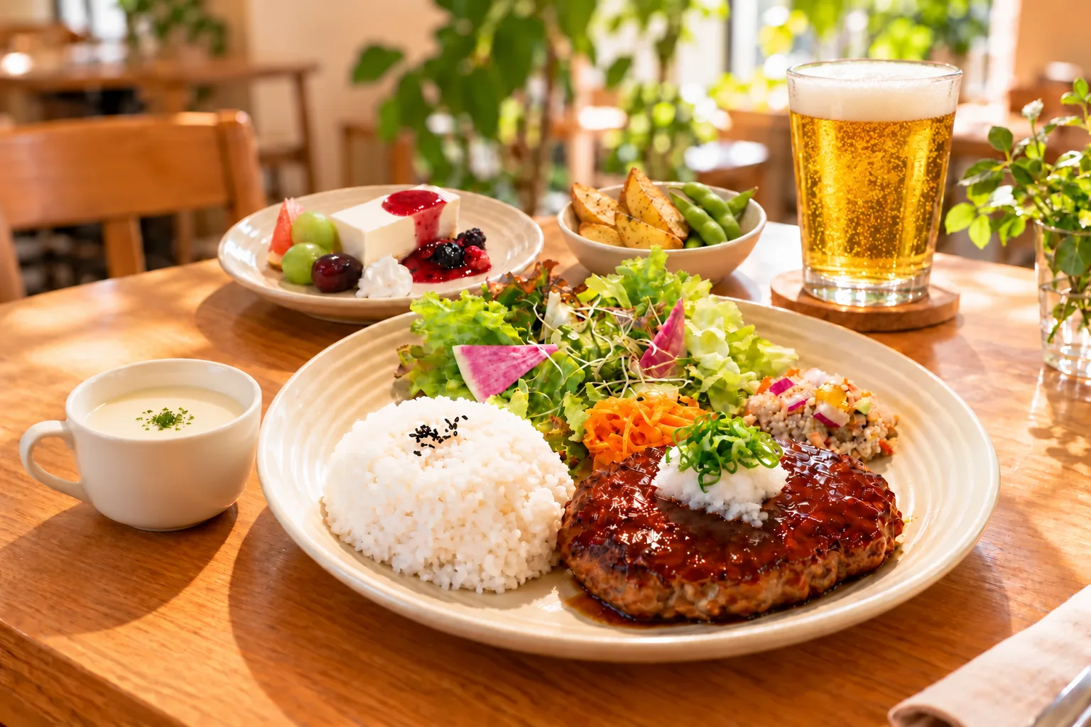 ご飯とおろしハンバーグのワンプレート、スープ、おつまみ、デザートとビールの仮イメージ