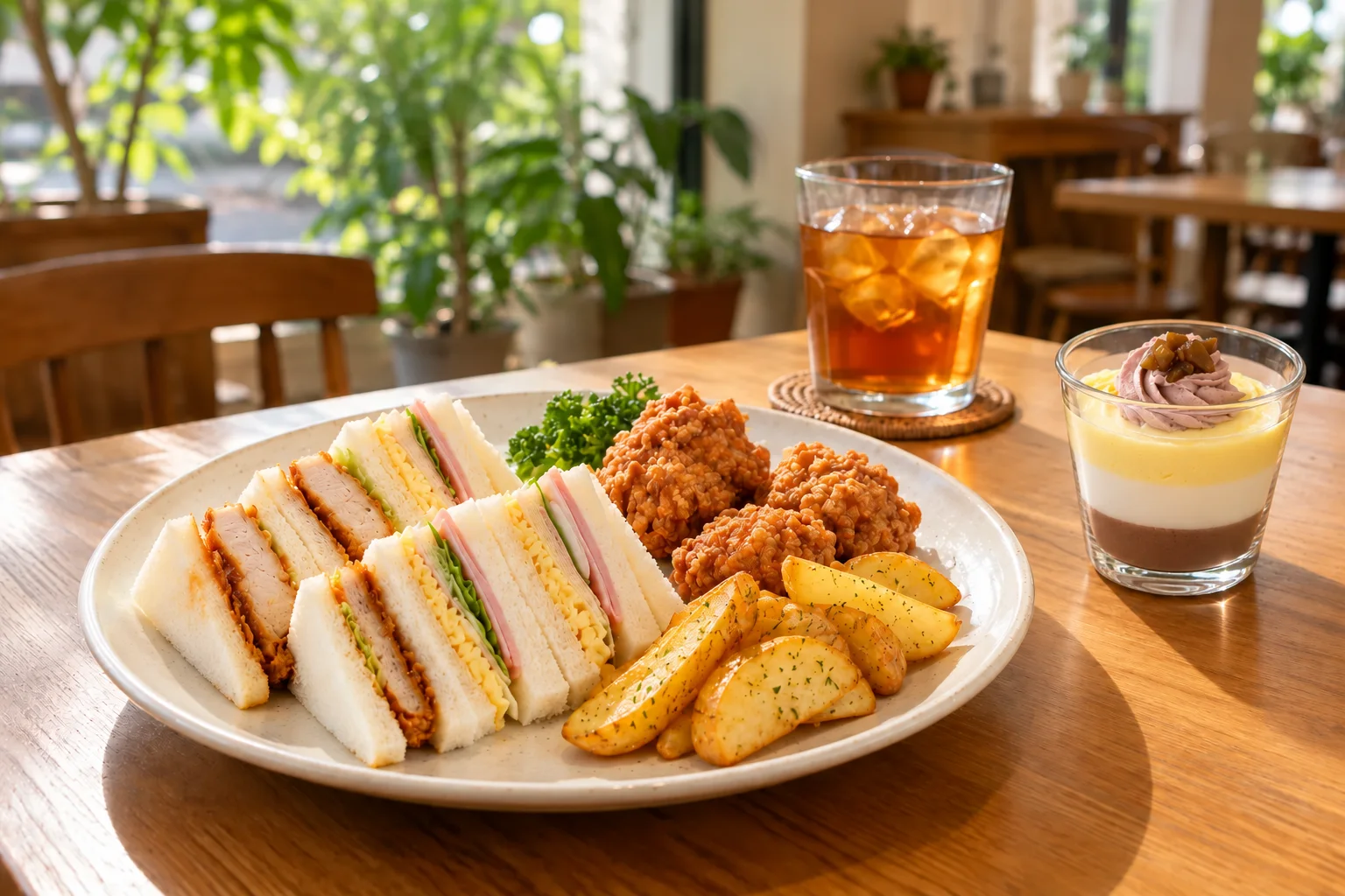 サンドイッチ・からあげ・ポテトのプレートとカップデザート・ドリンクの仮イメージ